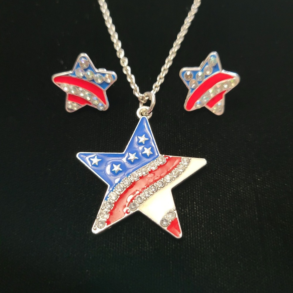 Vintage Red White Blue Star 19" Adj.‎ Necklace Americana Silver Tone W/ Earrings